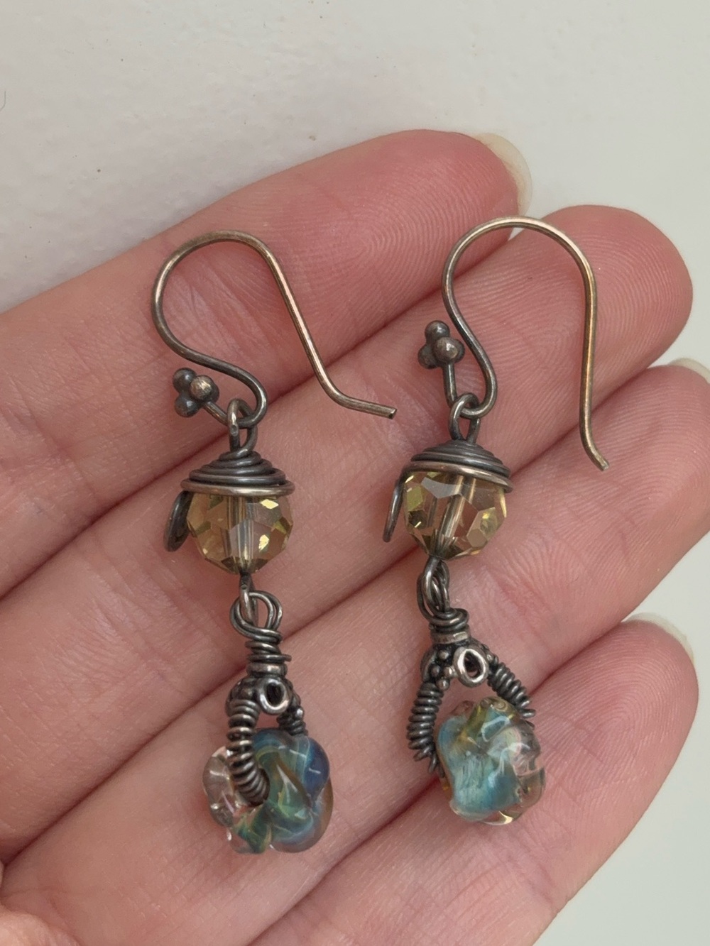 Sterling Silver Aurora Borealis Crystal and Glass Bead Dangle Wire Earings